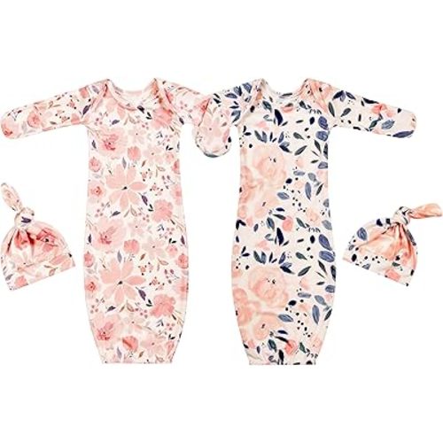 Newborn Baby Sleeper Gown with Hat Knotted Gown Nightgown Coming Home Outfits for Baby Girl 2 Pieces Set