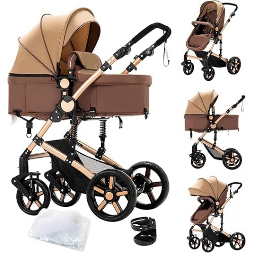 2 in 1 Baby Stroller Reversible Portable Standard Baby Stroller Convertible Pushchair Infant Buggy Baby Carriage Foldable High Landscape Pram for Toddler Newborn (2US588-KHAKI)