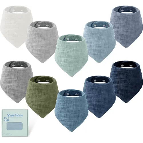 Yoofoss Muslin Baby Bibs 10 Pack Bandana Bibs 100% Cotton 6-Layer Soft Absorbent Drool Bibs for Boys and Girls, Gradient Blue