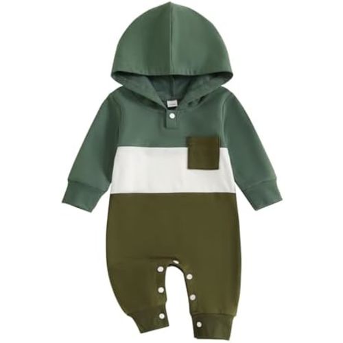 BemeyourBBs Newborn Baby Boy Clothes Color Block Long Sleeve Hooded Romper with Pocket Fall Winter One Piece Outfits