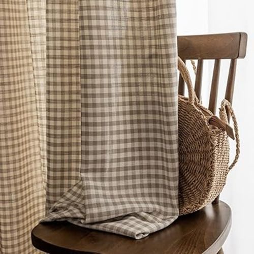 Retro Rustic Cotton and Linen Light Filtering Plaid Curtains for Living Room Dining Room,Rop Pocket Semi-Shading Window Curtains Set 2 Panels (Brown,W39*L84)