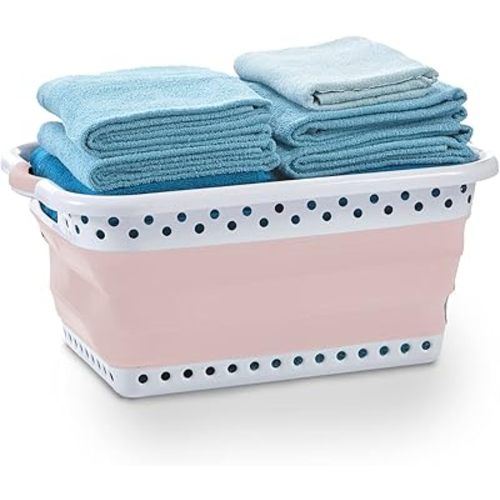 Pop & Load Collapse and Store Collapsible Plastic Laundry Basket - Large 1 pc Portable Pop Up Laundry Hamper for Laundry Room, Groceries, Office, Basket with Comfort Grip Handles, 10.5 Gallons, Pink