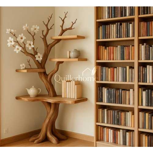 Tree Corner Floating Bookshelf – Rustic Driftwood Branch Bookcase, Wood Wall Shelf, Unique Living Room Decor, Nature-Inspired Book Storage