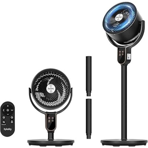 hykolity Fan for Bedroom, 90°+70° Omnidirectional Oscillating Standing Fan, 3 in 1 Pedestal & Tabletop fan, Quiet Floor Fan with Remote, Adjustable Heights, 8 Speeds Air Circulator, 12H Timer