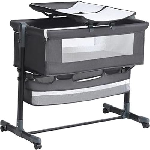 Baby Bassinet, 4 in 1 Bassinet Bedside Sleeper with Mosquito Net,Baby Crib for Newborn, Quick Adjustable Height Bassinet Bedside Crib,Easy to Assemble(Dark Grey)