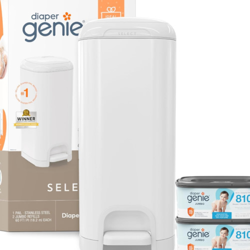 Diaper Genie Select Pail Registry Gift Set (White) | Made of Durable Stainless Steel Metal | Includes 2 Jumbo Refills | Holds 1620 Newborn Diapers