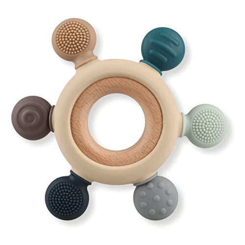 Baby Teething Toys, Silicone Chewable Rings with Wooden Rattle, Natural Wooden & Silicone Teething Rattle Toys for Newborn, 3+ Months (6 Directions, Gray)