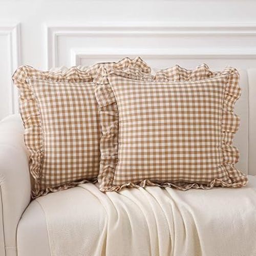 2 Pack Taupe White Plaid Ruffle Gingham Throw Pillow Covers 18x18 inches, 100% Washed Cotton Checkered Farmhouse Pillow Shams (18x18 inches,Taupe/White Plaid)