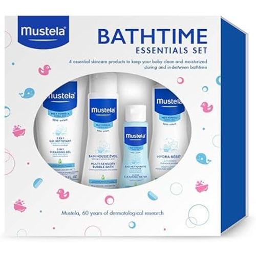 Mustela Baby Bath Time Essentials Gift Set - Natural & Plant-Based Baby Skin Care - 4 Items Set