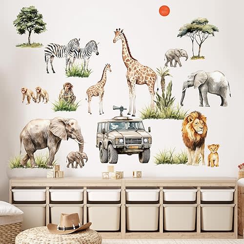 SHUCHING Removable Jungle Animal Wall Decals Peel and Stick, Vinyl Elephant Lion Wall Sticker, Giraffe Wall Decor Art for Nursery Playroom