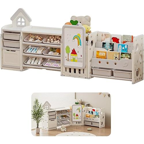 UNICOO Kids 4 in 1 Toy Storage Organizer | Storage Cabinet w/3-Tier Bookshelf, Storage Rack & Drawing Board, Adjustable L Shaped | Storage and Organization for Nursery, Playroom, Study Room (Grey)