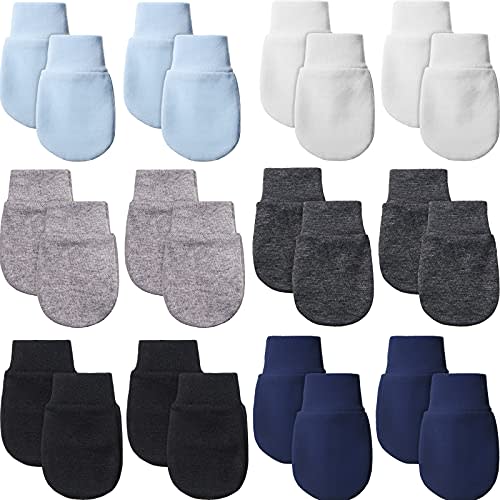 12 Pairs Newborn Baby Mittens Infant Toddler Gloves No Scratch Mittens Gloves for 0-6 Months Baby Boys Girls (Light Blue, White, Gray, Navy Blue, Black, Black-Gray, Cute)