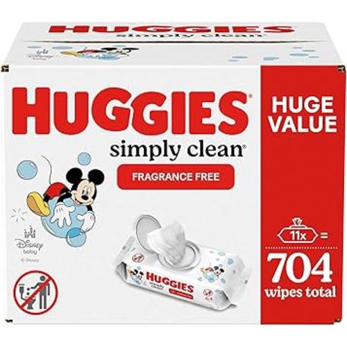 Huggies Simply Clean Fragrance-Free Baby Wipes, Unscented Diaper Wipes, 11 Flip-Top Packs (704 Wipes Total)