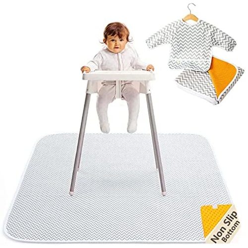 2-in-1 Waterproof Baby Splat Mat for Under High Chair (51” x 51”) with Toddler Smock and Weaning Ebook - Large Non-Slip Infant High Chair Mat Food Catcher Protects Floor from Mealtime Messes