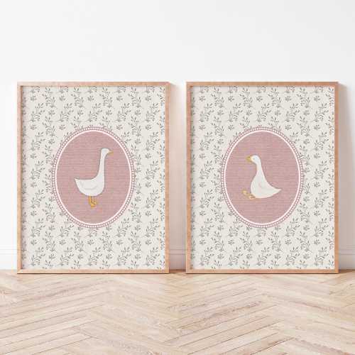 Vintage Pink Silly Goose Nursery Prints, Pink Wall Gallery, Sweet Floral Nursery Decor, Nursery Wall Art Girl, Baby Animal Art, Cottagecore