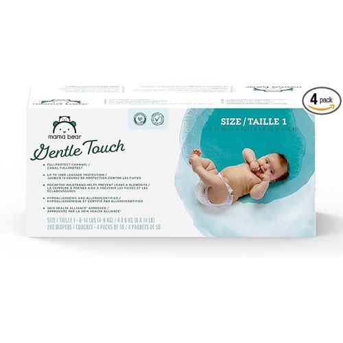 Amazon Brand - Mama Bear Gentle Touch Baby Diapers, Size 1, Leak Protection, Wetness Indicator, Umbilical Cord Cutout, 200 Count (4 packs of 50)