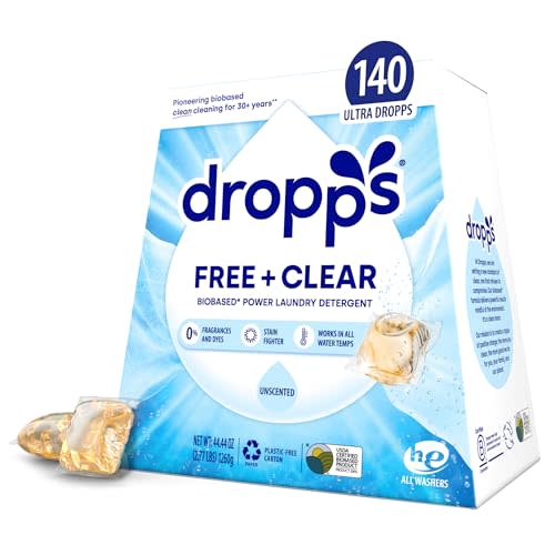 Dropps Free + Clear Biobased Power Laundry Detergent Pods, Unscented (140 Count)