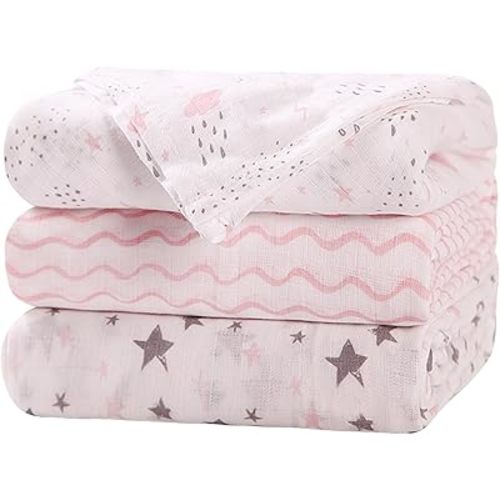Little Grape Land Muslin Swaddle Blankets, 100% Cotton Large Size Baby Receiveing Blankets, Soft Breathable Baby Blankets for Newborns, Pink, 47''x47'', 3 Pack, Pink