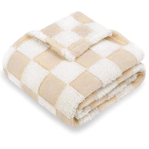 HOMRITAR Baby Blanket for Unisex Boys Girls Soft Cozy Reversible Checkerboard Toddlers Blanket, Fluffy Fuzzy Plush Lightweight Bed Blanket with Chessboard Grid Design 380GSM Khaki 30 x 40 Inch