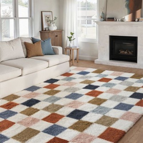 BERTHMEER 5'×7' Multicolor Fluffy Shag Area Rugs for Living Room Nursery Bedroom Ultra-Soft Geometric Modern Indoor Checkered Rugs Carpets