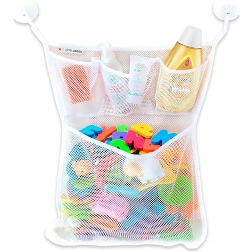 Bath Toy Holder 14x20 Inch, Mesh Bathtub Toy Storage Basket, Kids Bath Net, Tub Holder Bag, Toddler Shower Caddy Hanging Bucket Bin, Baby Bathroom Organizer with 2 Suction Cups, 2 Adhesive Wall Hooks