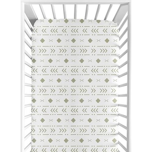 Sweet Jojo Designs White Sage Boho Tribal Mudcloth Boy Girl Fitted Crib Sheet Baby or Toddler Bed Nursery - Green Woodland Bohemian Southwest Geometric Arrow Gender Neutral Aztec Mud Cloth