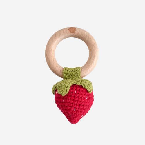 Cotton Crochet Rattle Teether Strawberry, Red