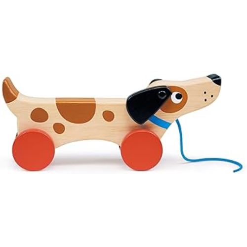 Toys - Puppy on Wheels - Walk-A-Long Wooden Dog Pull Toy for Toddlers - Natural Wood Toy with Pull Chord, 4 Wheels, Rotating Ears - Enhances Motor Skills - Fosters Imaginative Play - Age 18M+