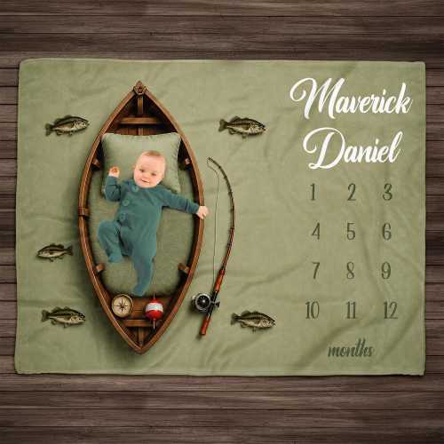 Fishing Baby Milestone Blanket, Personalized Boy Milestone Blanket, Hunting Fishing Nursery Decor, Monthly Baby Photo Prop Gift