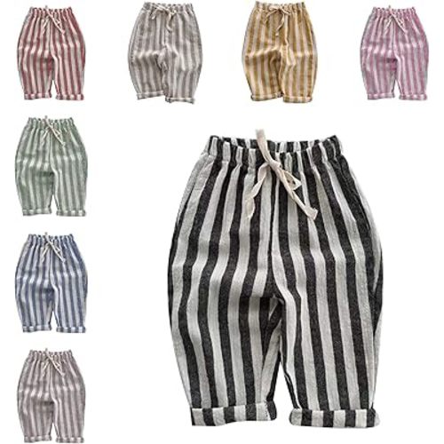 Boys' Cotton Linen Harem Bloomers Pants Elastic Waist Jogger Pants Kids Casual Striped Trousers Infant Long Sweatpants