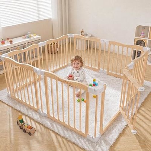 BlueWood Wooden Playpen for Babies & Toddlers, 8 Panels Expandable & Foldable Baby Play Yard, Baby Fence with Door, for Living Room/Nursery/Playroom - Safe Crawling Space (56"x56")