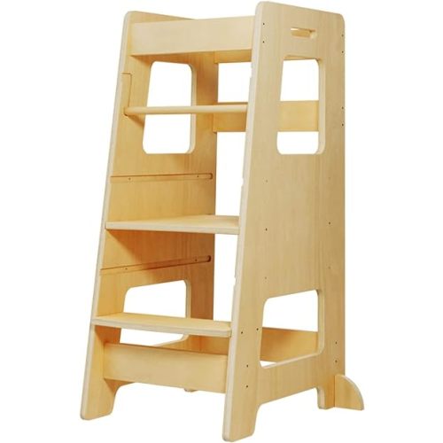 WOOD CITY Kitchen Step Stool for Kids and Toddlers with Safety Rail, Adjustable Height Step Stool Helper Standing Tower Learning Stool for Bathroom & Kitchen Counter
