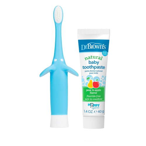 Dr. Brown's™ Infant-to-Toddler Training Toothbrush Set with Pear & Apple Fluoride-Free Toothpaste 1.4 oz, Soft for Baby's First Teeth, Blue Elephant, 0-3 Years, 0-3 years