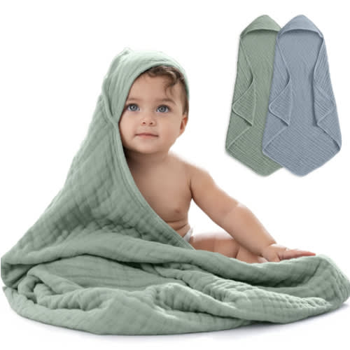 Comfy Cubs Hooded Baby Towel 2-Pack, Large 32 x 32 Inch - 6 Layer 100% Muslin Cotton for Babies, Toddlers, Kids - Soft & Absorbent Baby Bath Towels - Unisex Design for Bath Time, Pacific Blue and Fern