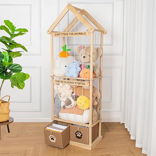 Best Stuffed Animals Storage with Foldable Basket for Playroom Nursery Kidroom Bedroom, Wood Stuffed Animal Zoo Storage Cage, Extra Large Capacity Plush Toy Organiser, Stuffed Animal Holder - 65 Inch