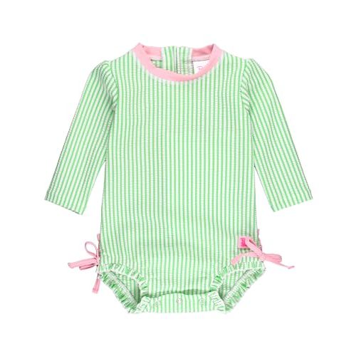 RuffleButts Baby/Toddler Girls Seersucker Long Sleeve One Piece Rash Guard Swimsuit with UPF 50+ Sun Protection