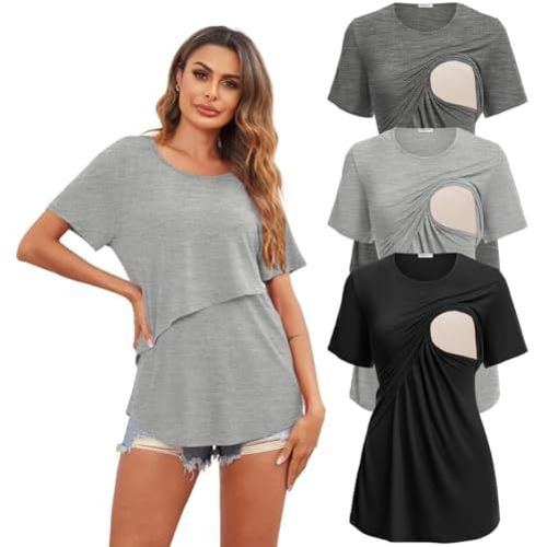 Ekouaer Women's Maternity Shirts Short Sleeves Nursing Tops 3 Pack Double Laye Breastfeeding Tees Pregnancy Clothes S-XXL