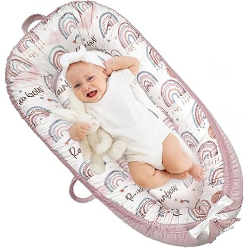 Baby Lounger, Ultra Breathable Soft Cotton Perfect for Tummy Time, Portable & Adjustable Infant Floor Seat for Traveling | Newborn Shower Gift- Q Rainbow