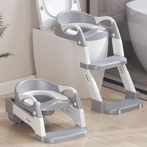2-in-1 Toddler Potty Training Toilet Seat with Step Stool Ladder – Adjustable Height Potty Chair Urinal for Baby Boys Girls Age 1-3, Foldable Training Potty with Splash Guard & Anti-Slip Feet, Grey