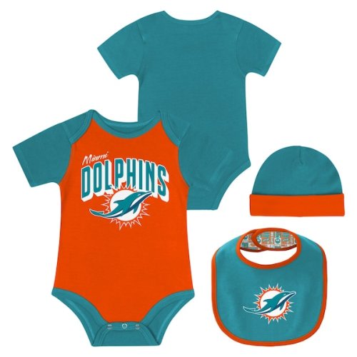 Newborn & Infant Miami Dolphins Dynamic Duo Bodysuit, Bib & Knit Hat Set