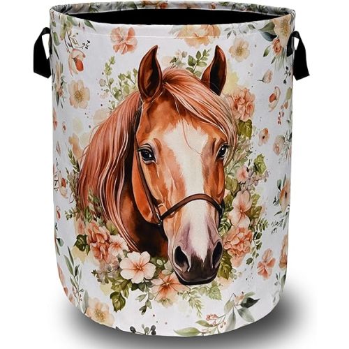 Watercolor Horse Laundry Basket Foldable With Handles Cute Animal Floral Tote Bag Oxford Cloth Colorful Laundry Hamper Clothes Toy Storage Bucket For Bathroom/Laundry/Bedroom 18.9" x 16.5 "
