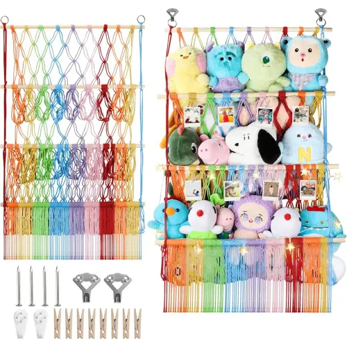 3 Tier Stuffed Animal Storage Shelf Net, 24x39 Inch Large Plushie Net w/ LED Light & Clips for Mini Medium Squishmallow, Rainbow Boho Macrame Wall Toy Holder Display for Nursery Kids Girls Boys