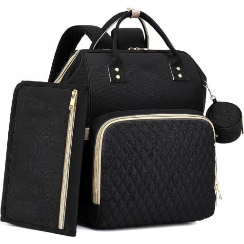 Itopfox Large Waterproof Diaper Backpack with Changing Pad, Pacifier Case, 16 Pockets, Insulated Bottle Holders, Stroller Straps, Black