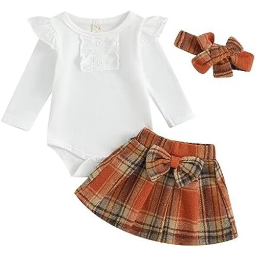 Kuriozud Cute Newborn Baby Girl Fall Winter Outfit Long Sleeve Ruffle Romper Plaid Bow Skirt Set Headband 3 Piece Clothes