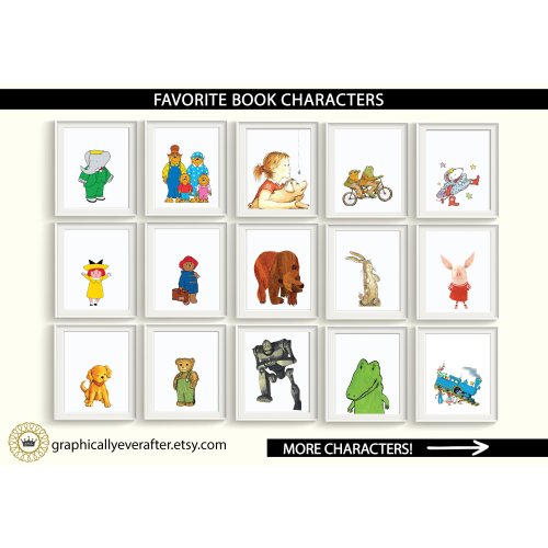 Book Characters Art Prints UNFRAMED Qty 6 Baby Girl Boy Gender Neutral Nursery, Library PreSchool Stories Classic Storybook Baby Shower Gift