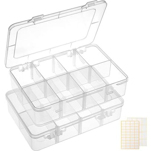 QUEFE 2 Pack 8 Grids Bead Organizers and Storage, Plastic Organizer Box with Removable Dividers Tackle Box Organizer for Candies Snacks Electronics Jewelry Small Parts