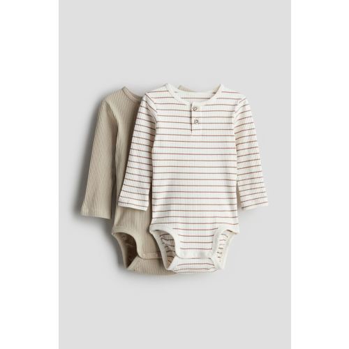 2-pack Henley bodysuits, Round Neck, Long sleeve, Beige/brown striped - 6M (4-6m)