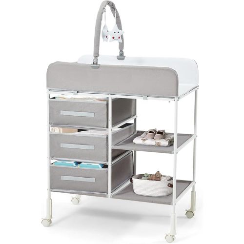 Portable Baby Changing Table, Diaper Changing Table with Waterproof Pad, Toddler Changing Table with 3 Storage Baskets and Toy, Mobile Nursery for Infant and Newborn