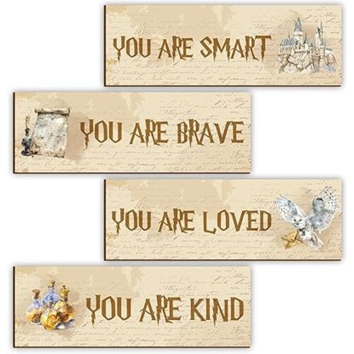 4 Pcs Magical Wizards Wooden Wall Sign, Magical Wizards Wall Decor, Magical School Hanging Wall Decoration, Teen Boys Room Decorations, Magical Teenager Gifts for Boys Girls Bedroom Nursery Play Room