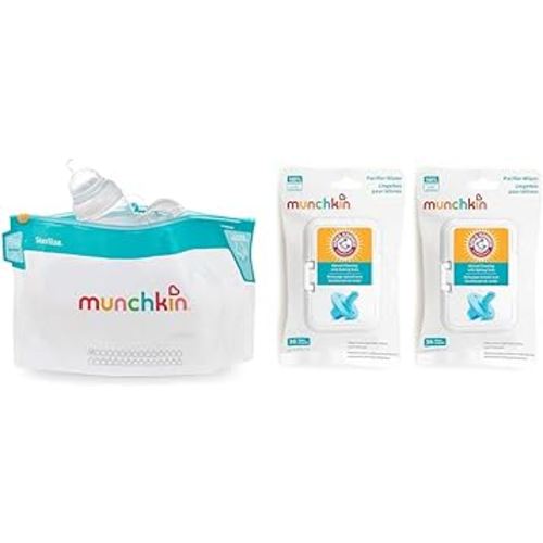 Munchkin Sterilize Microwave Steam Bags 6 Pack, Arm & Hammer Pacifier Wipes 2 Pack 72 Count